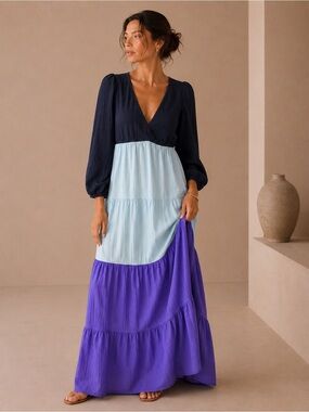 Lane Bryant Color block Blue and Purple V-Neck Tiered Maxi Dress Sz 26